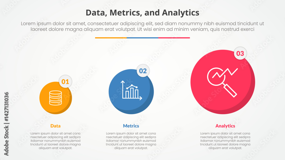Poster data metrics and analytics infographic concept for slide presentation with circle gradual transforma