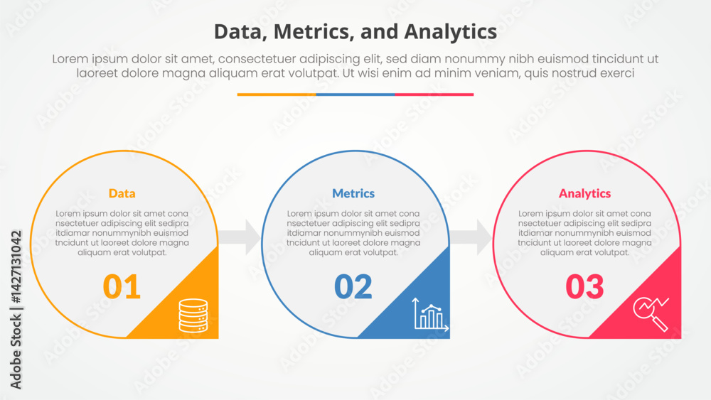 Poster data metrics and analytics infographic concept for slide presentation with big circle outline and ar