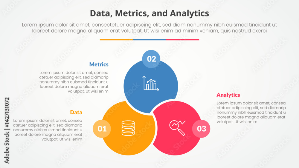 Poster data metrics and analytics infographic concept for slide presentation with big circle venn linked un