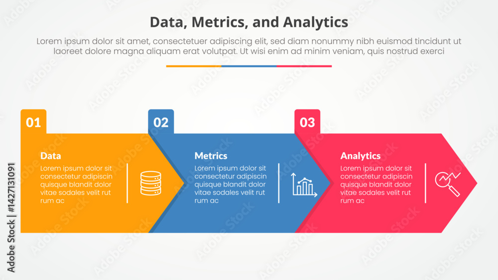 Poster data metrics and analytics infographic concept for slide presentation with big arrow rectangle shape