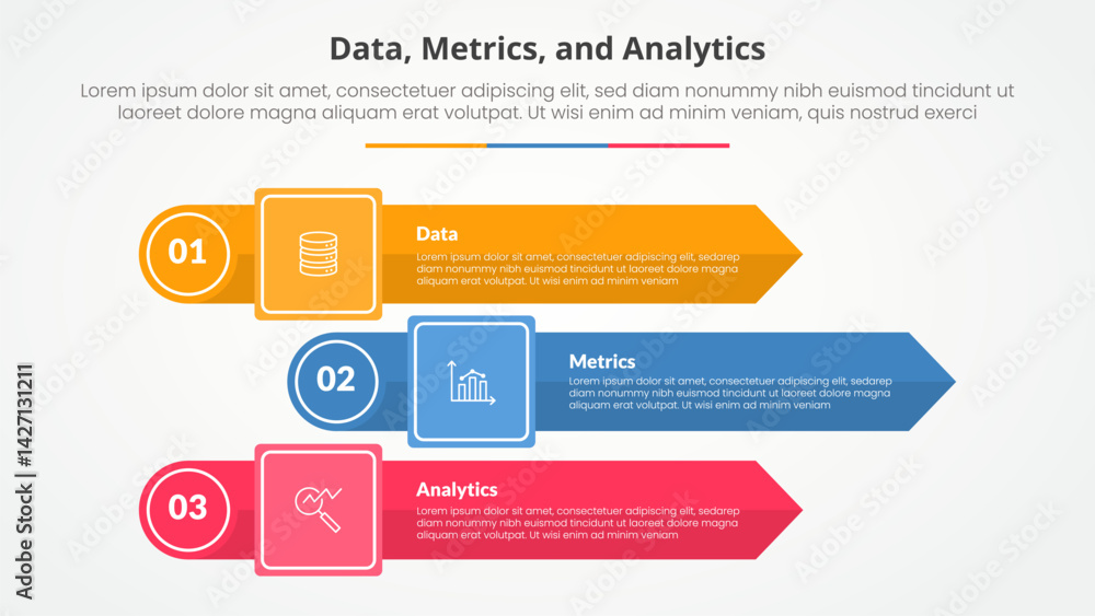 Poster data metrics and analytics infographic concept for slide presentation with rectangle arrow stack wit