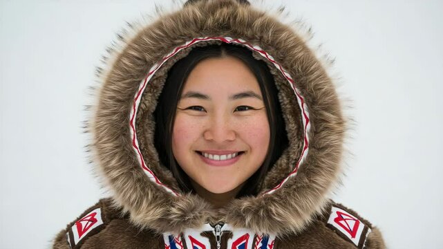 Inuit woman with gentle smile wearing fur-lined parka against neutral white background with copy space