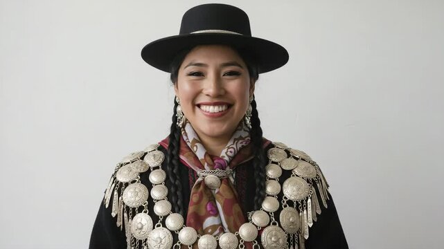 Chilean Mapuche woman with soft smile, wearing traditional silver jewelry and scarf, front-facing against neutral white background with copy space