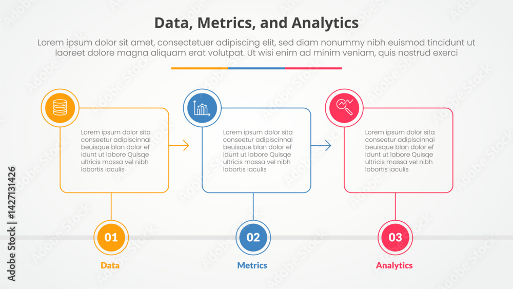 Poster data metrics and analytics infographic concept for slide presentation with outline box timeline with