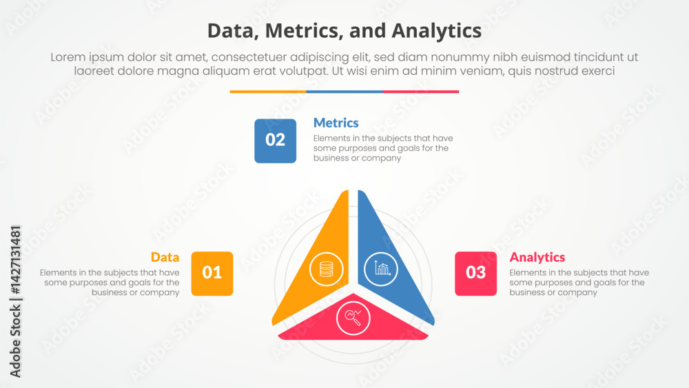 Poster data metrics and analytics infographic concept for slide presentation with triangle cycle circular s