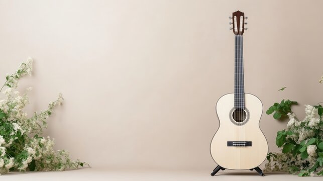 Acoustic guitar on beige background with plants