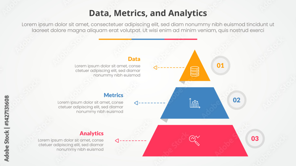 Poster data metrics and analytics infographic concept for slide presentation with pyramid shape slice stack