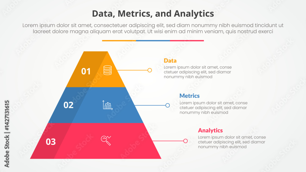 Poster data metrics and analytics infographic concept for slide presentation with pyramid shape with 3d sha
