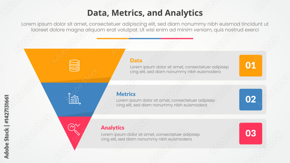 Poster data metrics and analytics infographic concept for slide presentation with reverse pyramid and recta