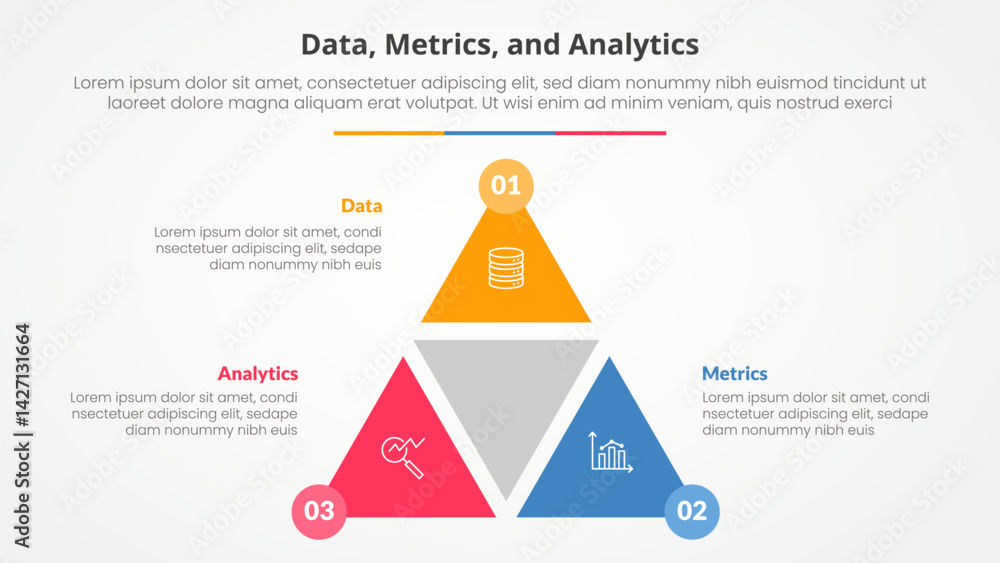 Poster data metrics and analytics infographic concept for slide presentation with triangle cycle circular s