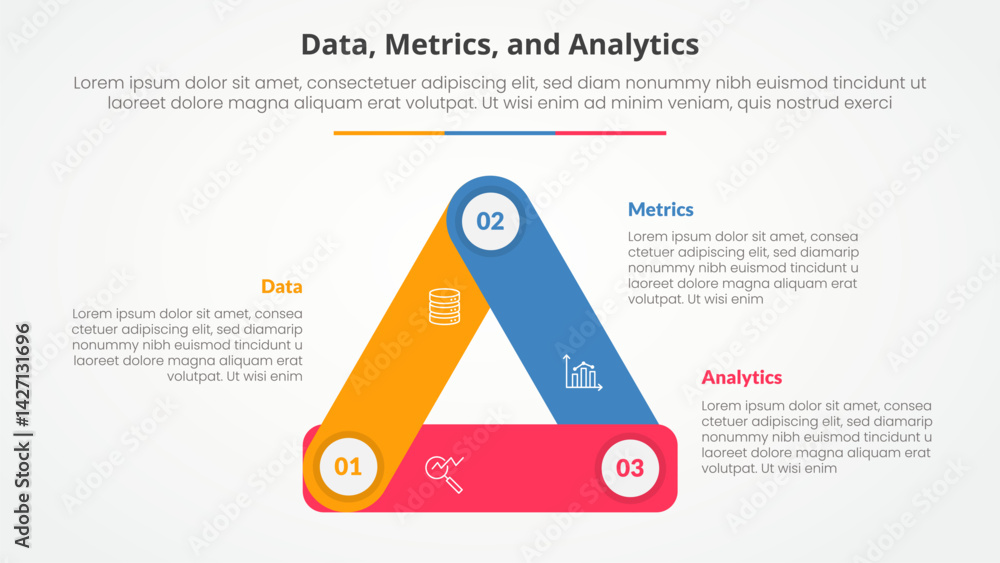 Poster data metrics and analytics infographic concept for slide presentation with triangle cycle circular r