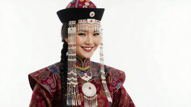 Photorealistic portrait of a Mongolian woman with a warm smile in traditional deel against a white background with copy space