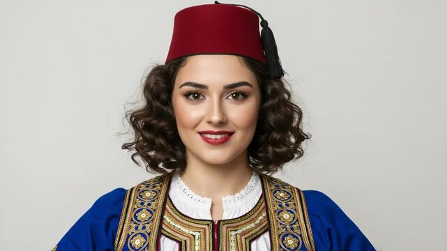 Photorealistic Greek woman in traditional Amalia dress with red fez, smiling warmly against a neutral white background with copy space