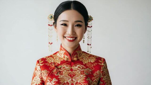 Chinese woman in red qipao with golden embroidery smiling softly against white background with copy space