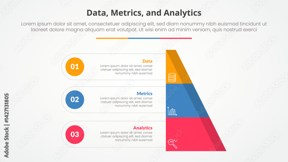 Poster data metrics and analytics infographic concept for slide presentation with half slice pyramid with c