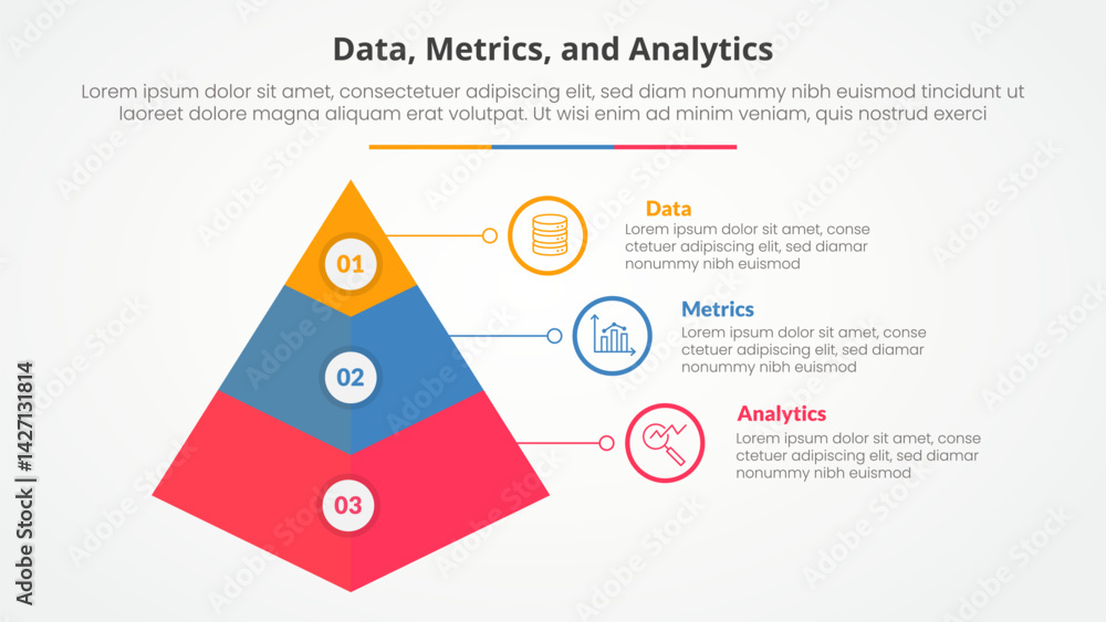 Poster data metrics and analytics infographic concept for slide presentation with 3d pyramid shape with 3 p