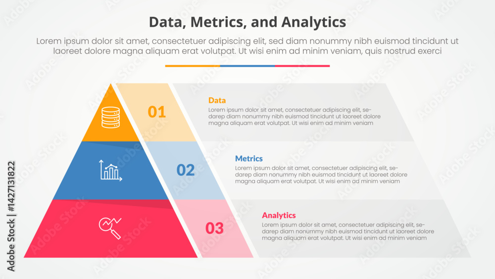 Aufkleber data metrics and analytics infographic concept for slide presentation with pyramid shape and transpa