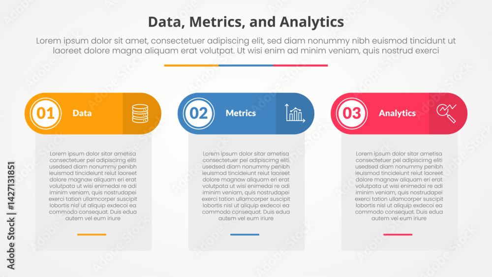 Poster data metrics and analytics infographic concept for slide presentation with table box and round heade