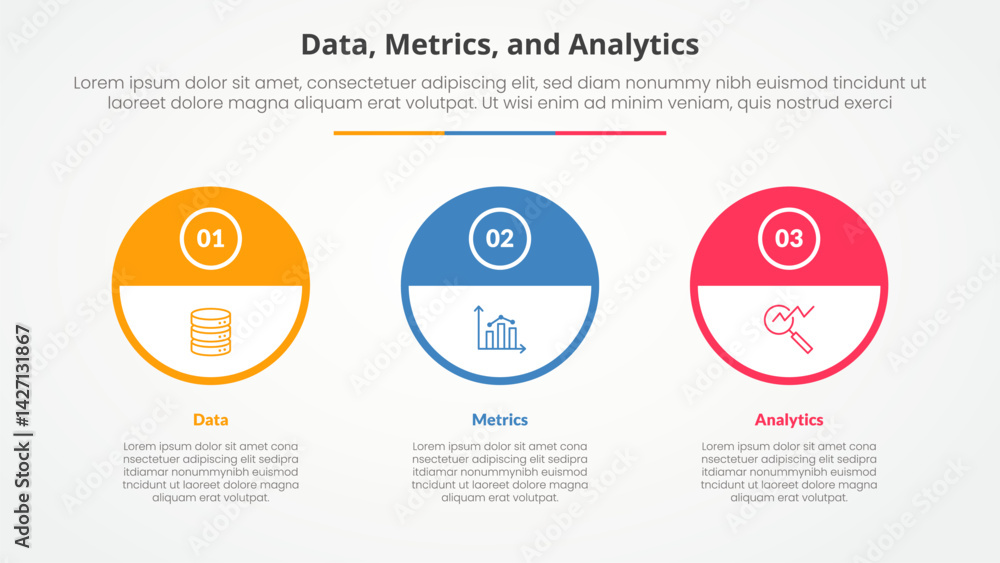Poster data metrics and analytics infographic concept for slide presentation with big outline circle and ha