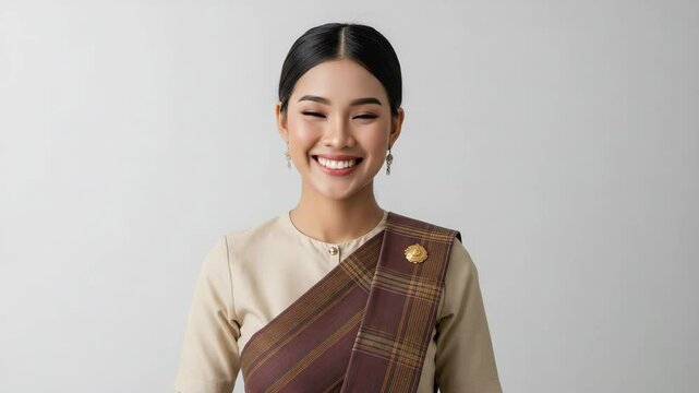 Laotian woman smiling softly with traditional sinh skirt and sabai, front-facing, neutral white background with copy space