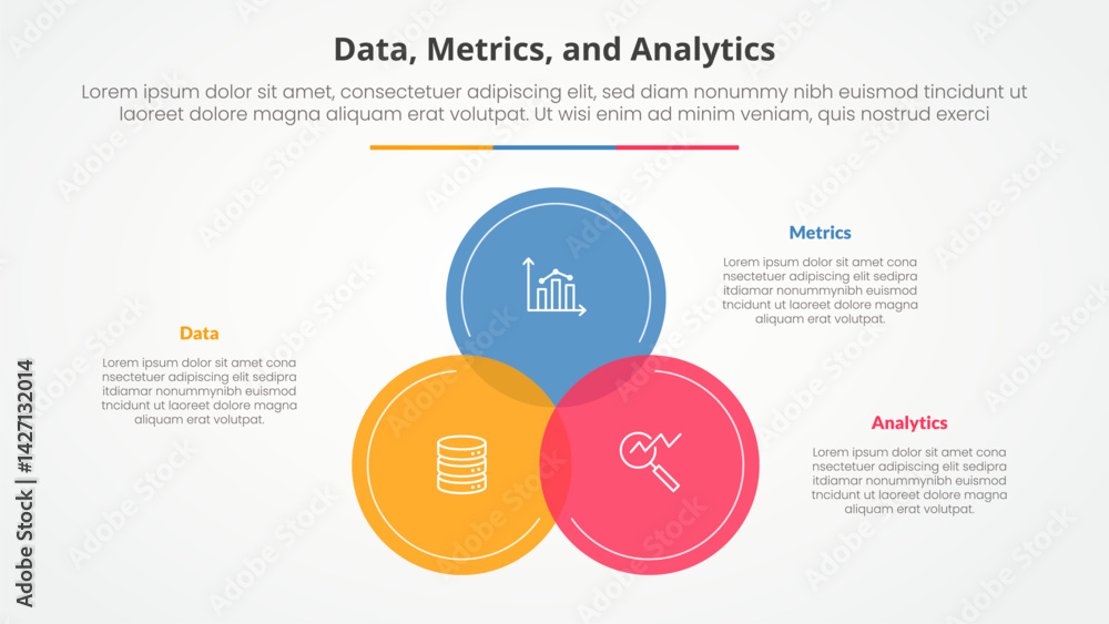 Poster data metrics and analytics infographic concept for slide presentation with big circle venn blending 