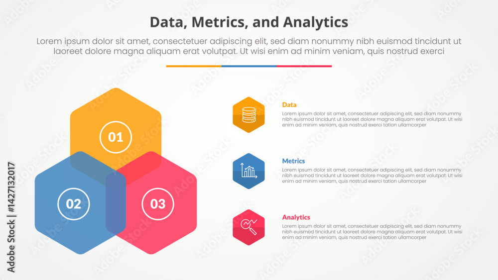 Aufkleber data metrics and analytics infographic concept for slide presentation with hexagon create triangle s