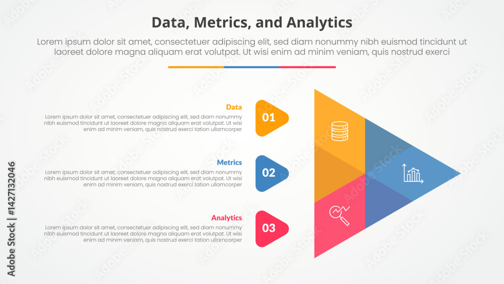 Poster data metrics and analytics infographic concept for slide presentation with creative venn arrow shape