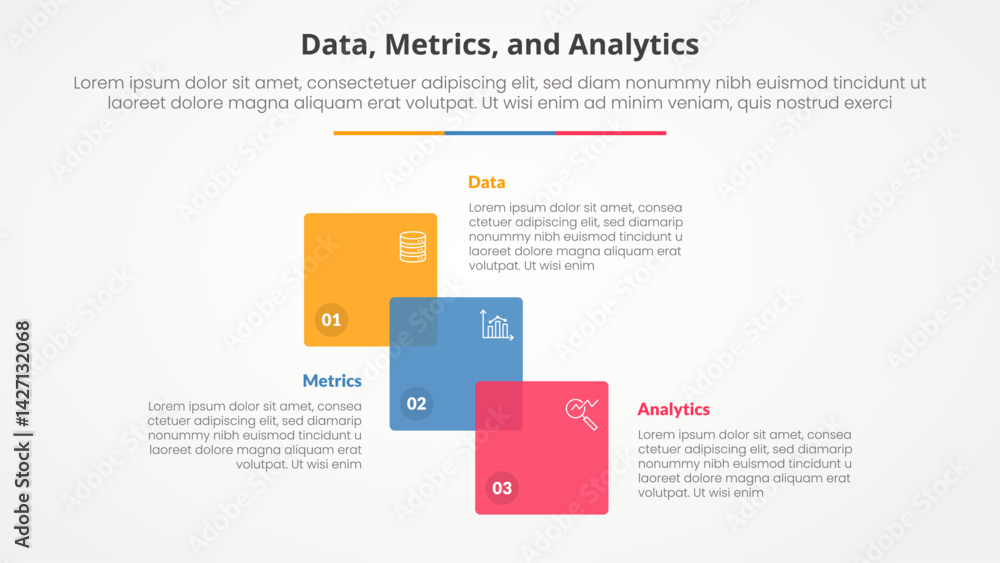 Poster data metrics and analytics infographic concept for slide presentation with venn blending square stai