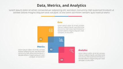 Data metrics and analytics infographic concept for slide presentation with venn blending square stairway with 3 point list with flat style