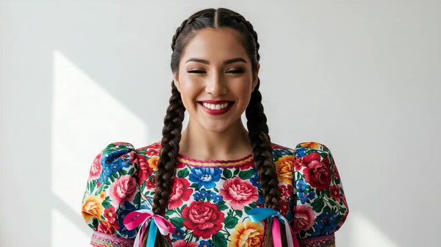 Chilean huasa woman with soft smile and braided hair in floral folkloric dress against white background with copy space