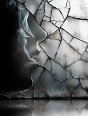 Cracked Mirror Reflecting Smoking Face Symbolizes Identity Destruction and Loss in a Haunting Visualization of Self-Perception and Reality