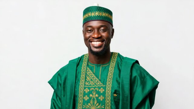 Smiling Nigerian man in traditional agbada and fila cap with warmth against white background with copy space