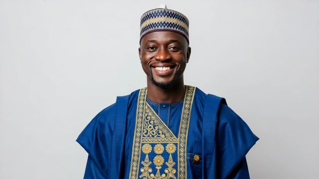Warm Nigerian man smiling and blinking, wearing traditional agbada and fila cap, white background with copy space