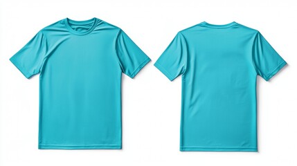 Sporty turquoise t-shirt showcasing front and back designs in a minimalistic studio setting