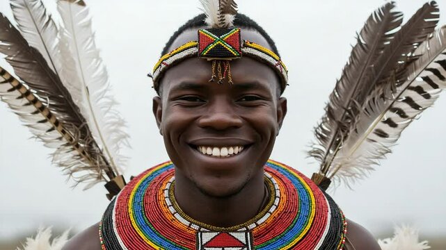 Zulu man with warm smile and traditional beads and feathers against white background with copy space