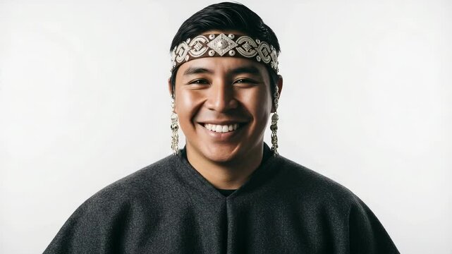 Mapuche man with warm smile wearing traditional poncho and trarilonco headband against white background