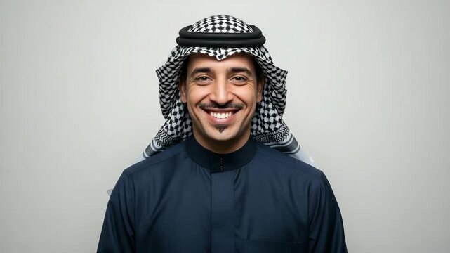 Warm Syrian man smiling gently with keffiyeh and thobe against neutral white background