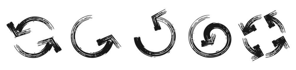 Set of round arrows isolated on white background. Vector brush drawn circular arrow icon. Refresh, reload, repeat, rotate arrow. Rough, artistic brush strokes.