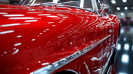 Reflective surface close up of freshly painted car door in a detail oriented studio setup