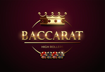 Luxury golden Baccarat logo with crown, playing cards and casino icons on dark background. Perfect for gambling, casino games, VIP club promotions, and high roller events