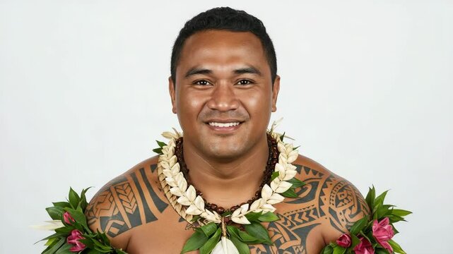 Smiling Samoan man with tribal tattoos and lava-lava skirt showing warmth and friendliness against a neutral white background with copy space