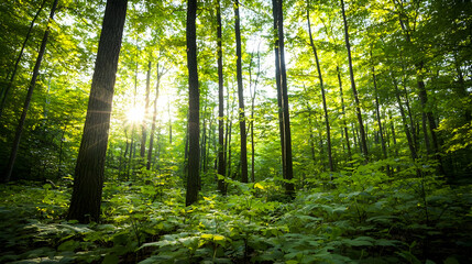 Obraz premium Sunlight Filtering Through Lush Forest Canopy