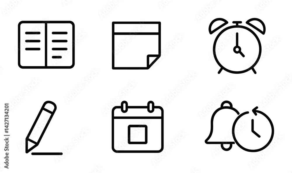 Aufkleber productivity tools icon set – outline style for task management and organization symbols: notebook, 