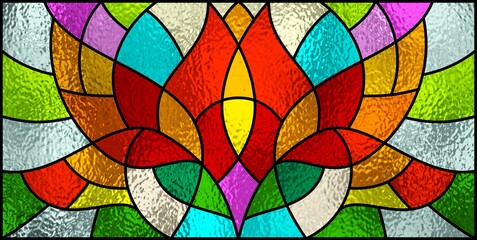 Stained glass window. Abstract colorful stained glass background. Art nouveau geometric decor for luxury modern interior. Flower pattern. Transparency. Multicolor template for design interior.