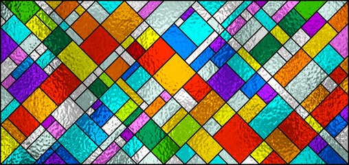 Stained glass window. Abstract colorful stained glass background. Art Deco geometric decor for luxury modern interior. Vintage pattern. Transparency. Multicolor template for design interior.