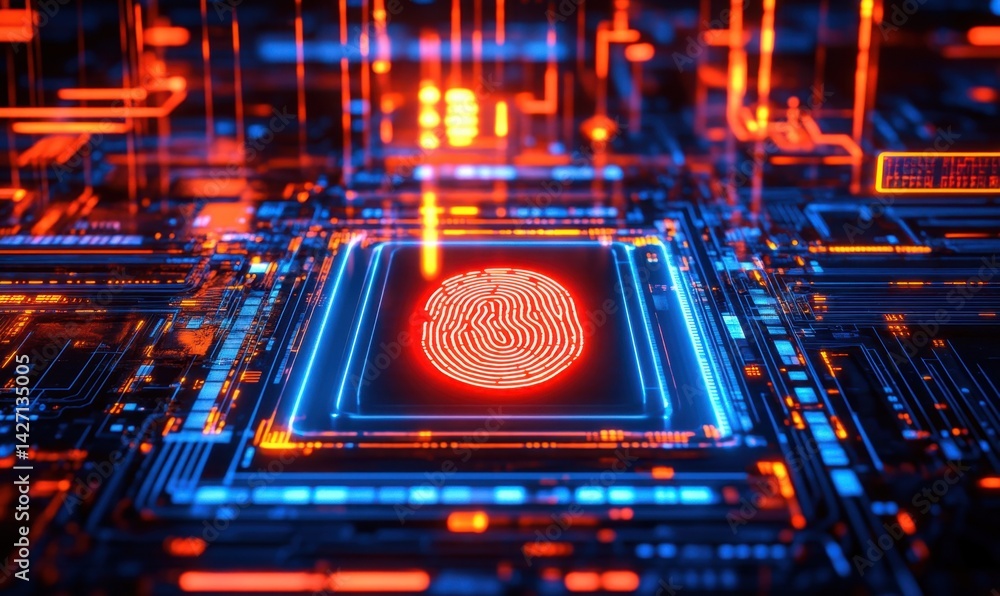 Poster fingerprint scan on futuristic circuit board, digital data streams in background; cybersecurity conc