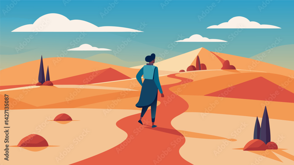 Poster an individual walking through a desert their steps deliberate and steady as they learn to navigate t