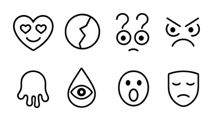 Obraz premium Emotion and expression icon set – outline style facial and emotive symbols for communication, social media, and digital interaction: heart eyes, broken heart, question eyes, angry face, melting face,