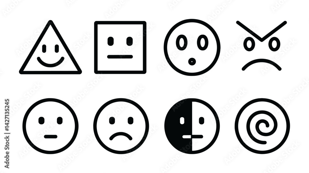 Poster emotion and expression icon set – outline style for mood representation and communication symbols: s