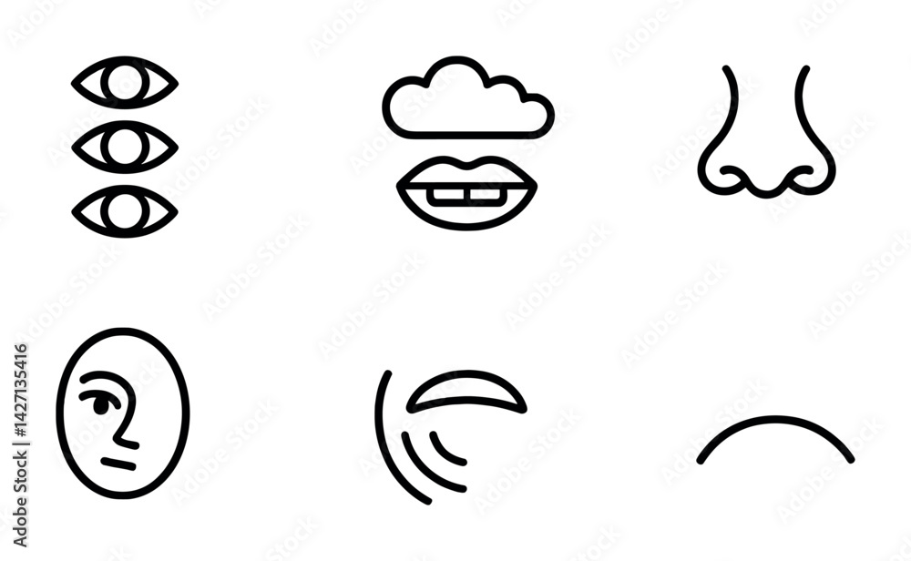 Poster facial feature outline icons set – minimalist face and expression symbols for design and communicati